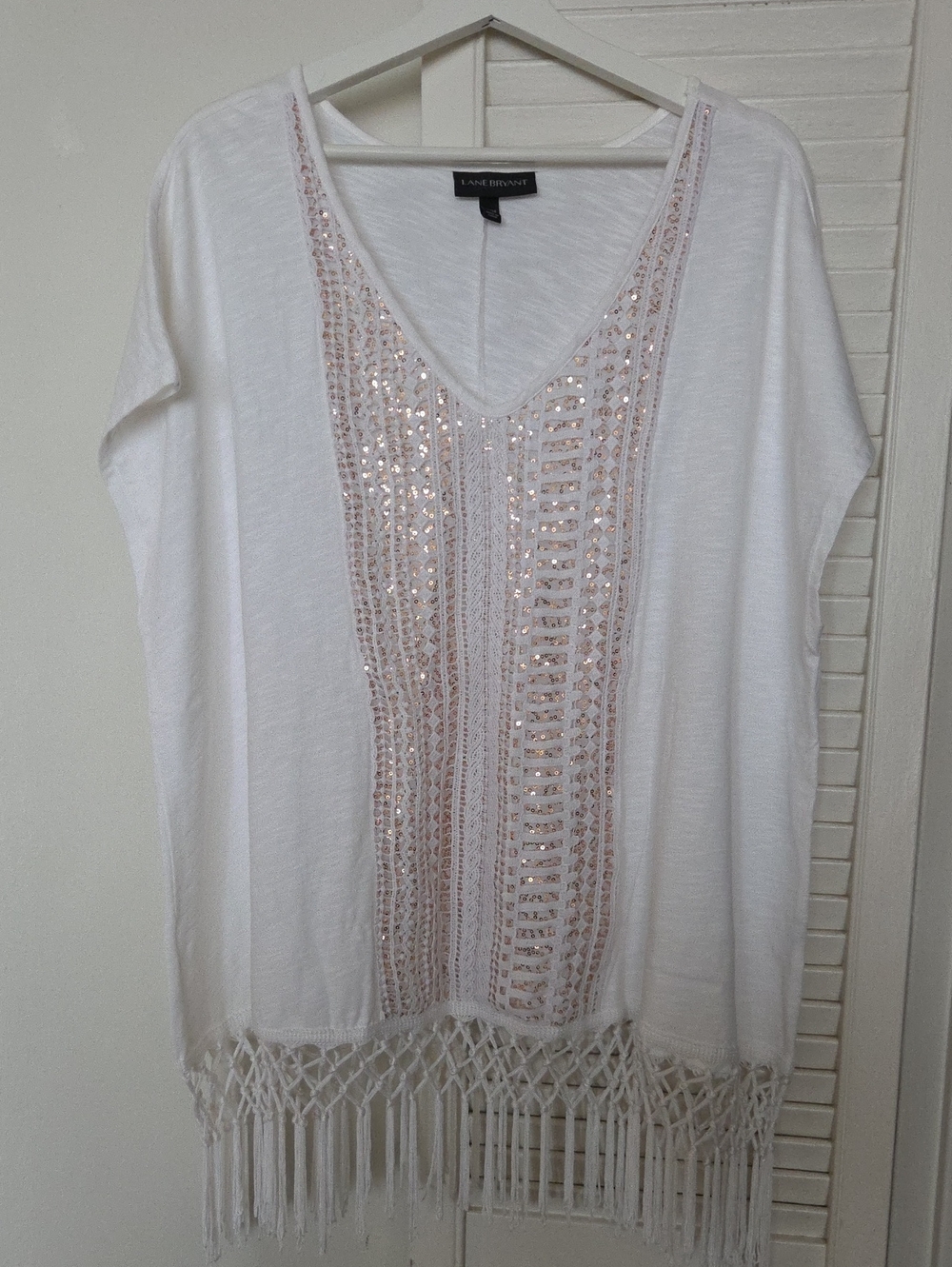 Lane Bryant White and Tan Fringe Top PLUS Size 22W sequins on front